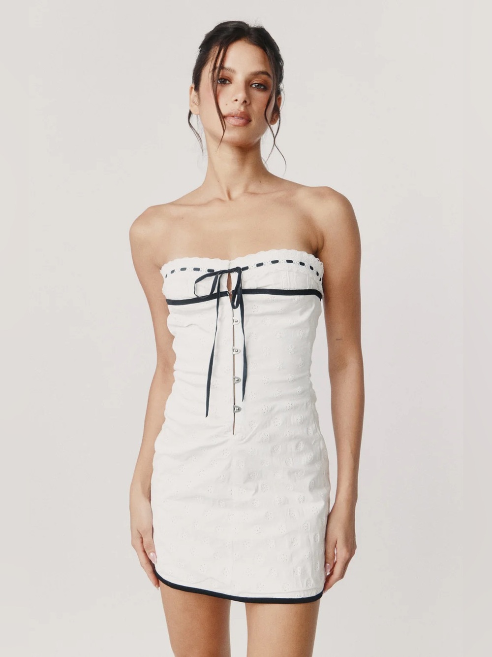 With Jéan Sabrin Strapless Mini Dress Lace, Ribbon, & Velvet in White Embroidery